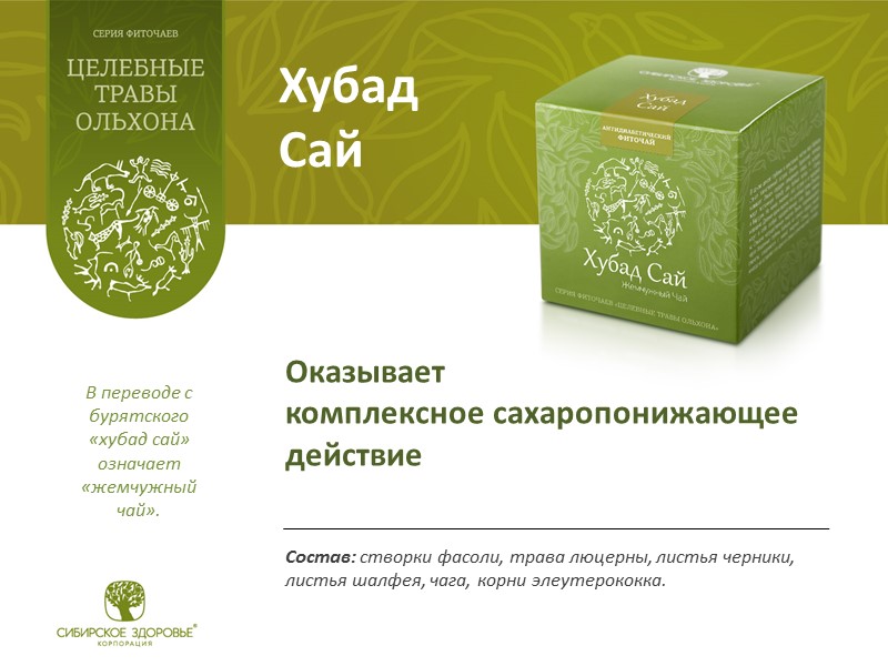 Хубад  Сай Состав: створки фасоли, трава люцерны, листья черники, листья шалфея, чага, корни